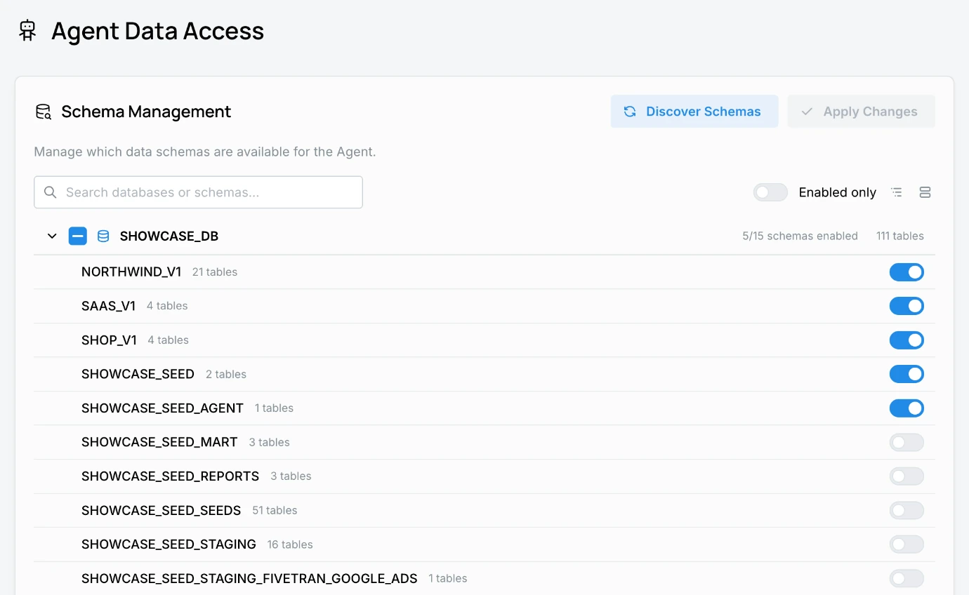 Settings > Agent Data Access with per-schema toggles that control which warehouse schemas the Agent can use