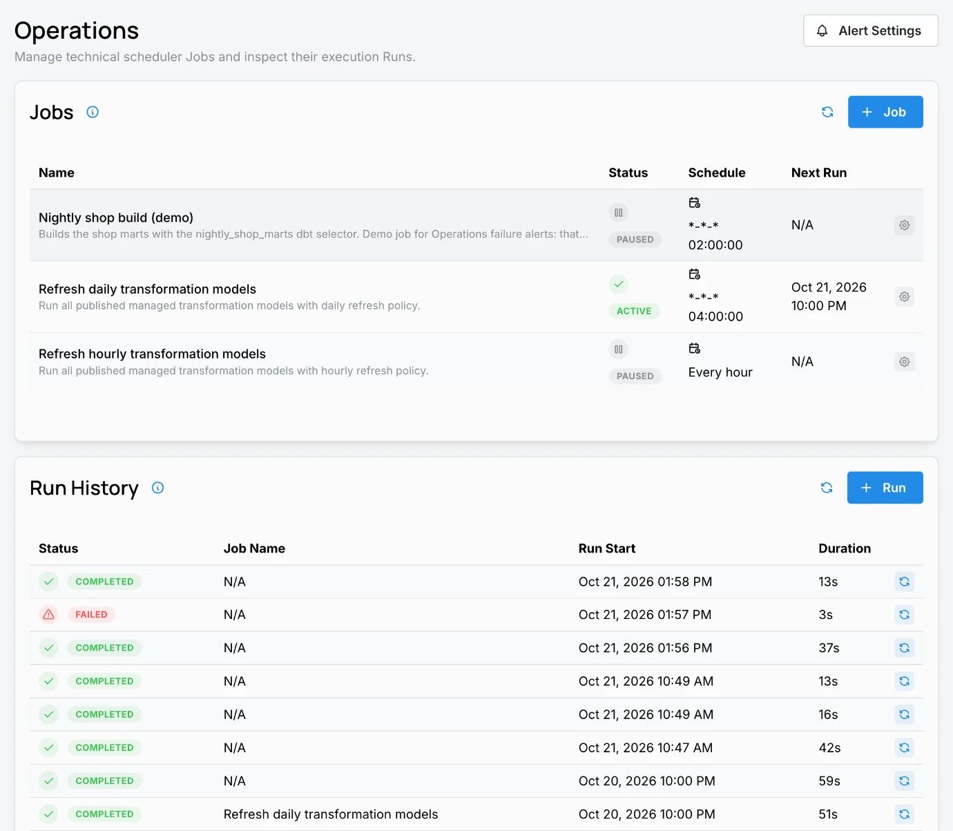 Operations page with scheduled jobs, their status and next run, and the run history with statuses, start times, and durations