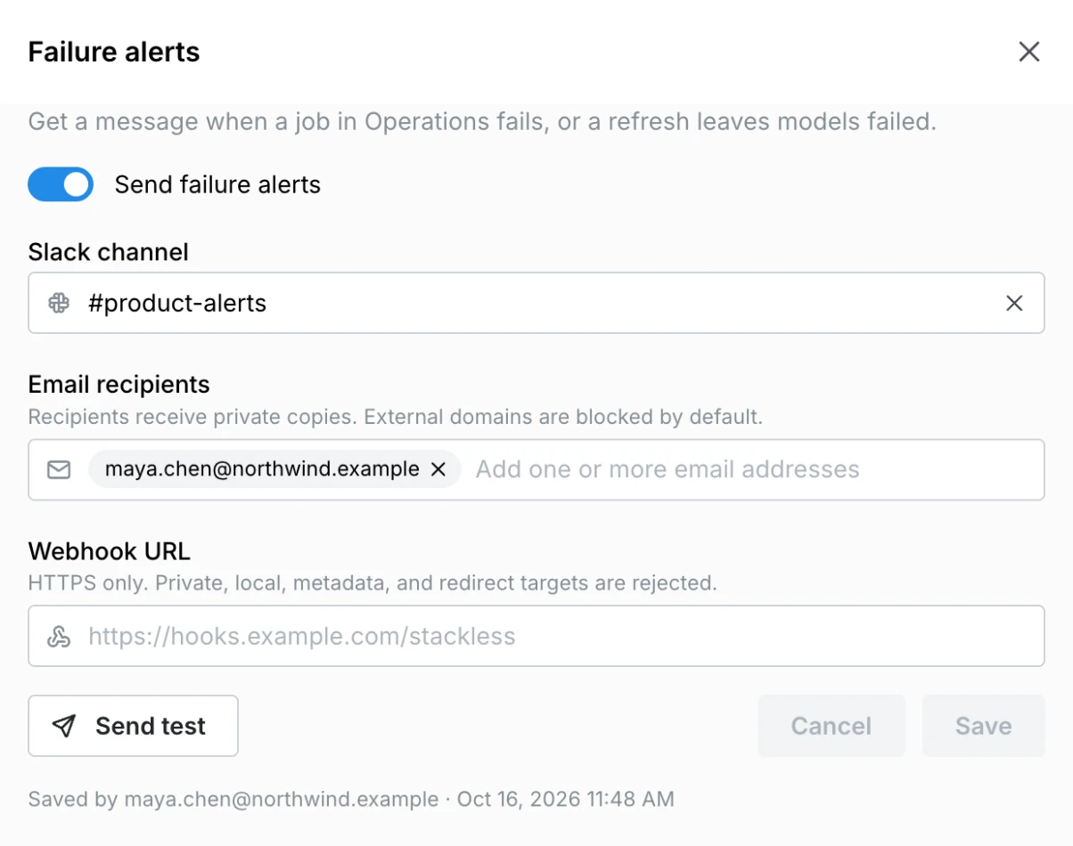 Failure alerts drawer with Send failure alerts turned on, a Slack channel, an email recipient, an optional webhook URL, and Send test
