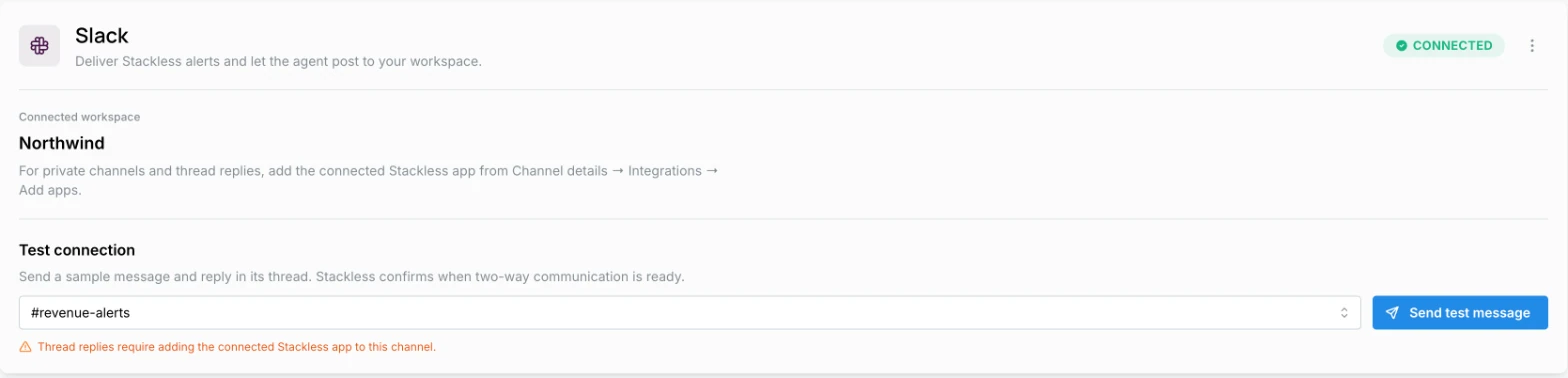 Settings > Slack showing a connected workspace and the Test connection channel picker with Send test message